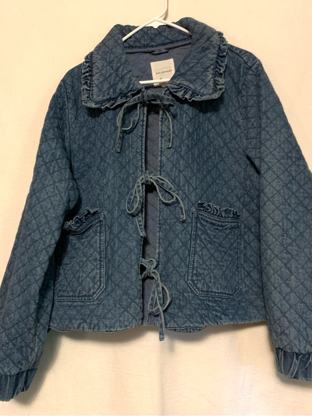 Anthropologie Avec Les Filles Quilted Denim Jacket Ruffle Tie Front XL 16/18 - Picture 2 of 10